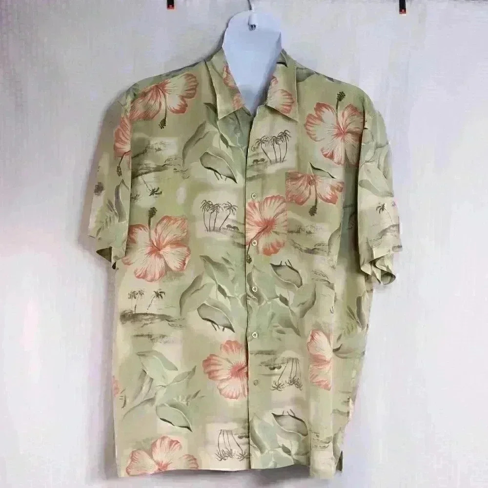 Bill Blass XXL 100% Silk Green/pink hibiscus button down
